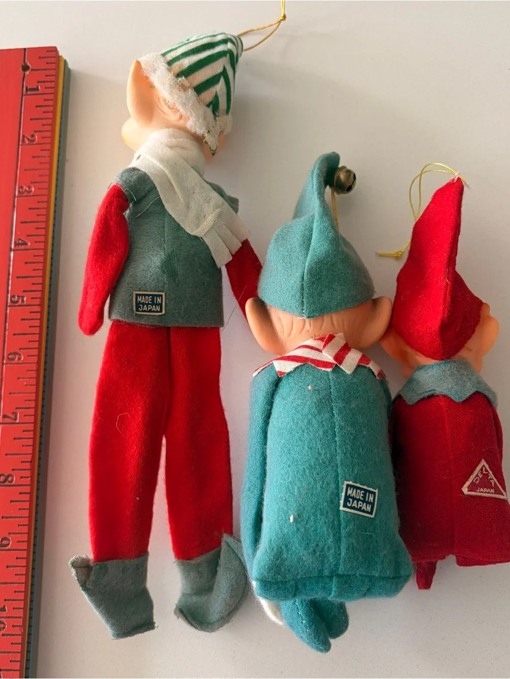 Set of Three Vintage 1950s Pixie Elf Ornaments